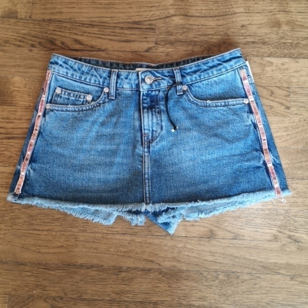 ZARA Woman Denim Skort Rhinestone Trim New 2